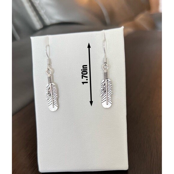 Feather Tiny Drop Hook Earrings .925 Sterling Silver Hook ~ Pewter Charm - Picture 2 of 4